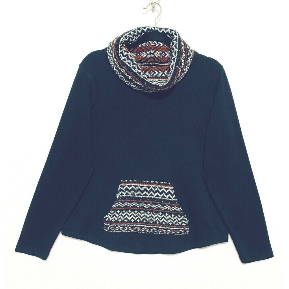 Chaps Top Womens Large Black Aztec Tribal Print Cowl Neck Pocket Sweatshirt - Picture 1 of 7
